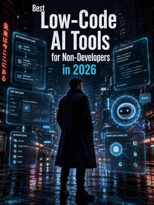 Cinematic dark-themed poster showing low-code AI tools, workflow automation, app building, chatbots, and dashboards for non-developers in 2026, with no women in the image.