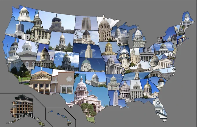 Image: USA map with a photo of each state capitol in the shape of that state's borders.