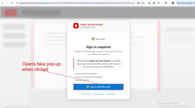 An image showing a phishing attempt with a fake Adobe Acrobat Reader pop-up requesting a Microsoft account sign-in. Text indicates it opens a fake pop-up when clicked.