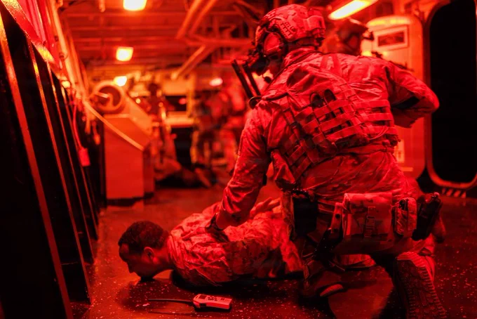 U.S. East Coast-based Naval Special Warfare Operators (SEALs) conduct Maritime Interdiction Operation training aboard the Blue Ridge-class command and control ship USS Mount Whitney (LCC 20) in the Atlantic Ocean, May 20, 2026. Mount Whitney is on a scheduled deployment in the U.S. 6th Fleet area of operations to support the warfighting effectiveness, lethality and readiness of U.S. Naval Forces Europe-Africa, and defend U.S., Allied and partner interests in the region. (U.S. Navy photo by Chief Mass Communication Specialist Chad M. Butler)