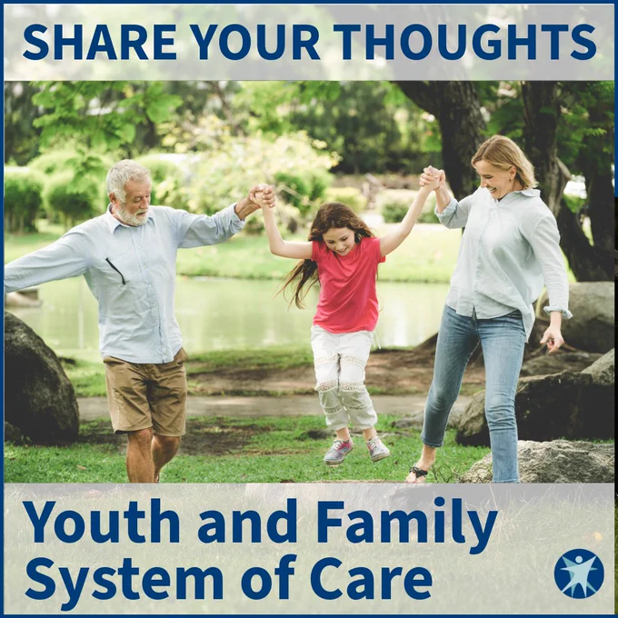 Family playing outside. Share your thoughts. Youth and Family System of Care. Wisconsin Department of Health Services logo.
