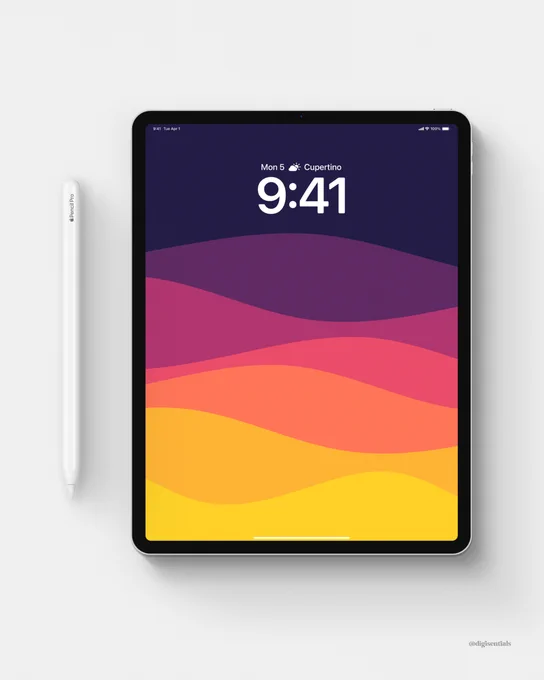Minimal iPad wallpaper featuring layered flowing waves in deep purple, magenta, coral, orange, and golden yellow tones, displayed on an iPad mockup alongside an Apple Pencil. The vibrant gradient palette creates a warm, modern, and playful aesthetic while maintaining a clean, minimal design.