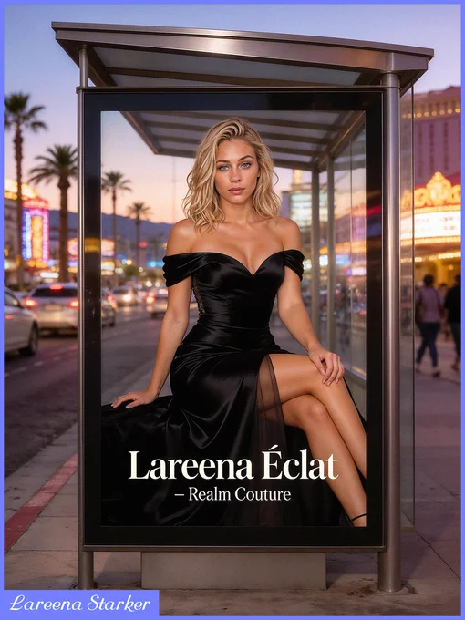 A glamorous advertisement displayed in a Las Vegas-style bus stop shelter at dusk. The poster features a confident blonde woman with wavy hair and blue eyes, wearing a sleek black off-the-shoulder satin gown with a high slit. She poses elegantly against a glowing cityscape backdrop.