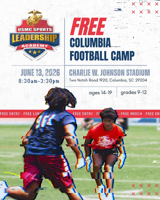 Promotional flyer for a free football camp at Charlie W. Johnson Stadium. Includes event details and features an image of two young athletes on the field.
