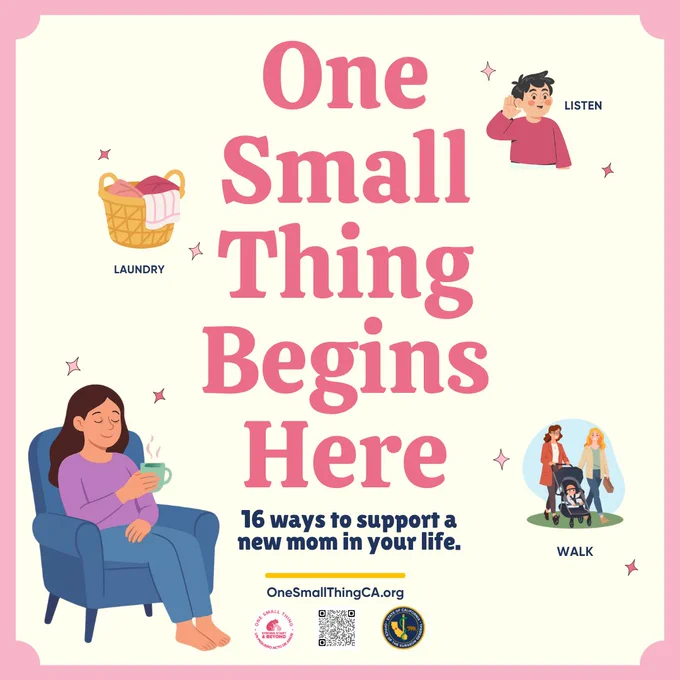 Pink and navy branded graphic on a cream background. The One Small Thing logo with a mother and baby bear in pink sits at the top. Headline reads: One Small Thing Begins Here. Subhead reads: 16 ways to support a new mom in your life. The URL OneSmallThingCA.org and a QR code linking to the coupon book are at the bottom. The Office of the California Surgeon General seal is in the lower left.