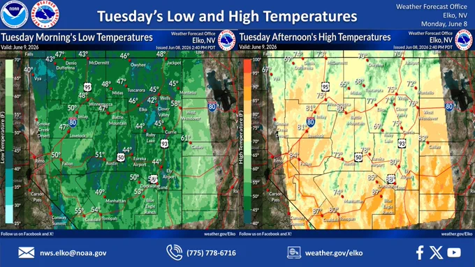 A weak storm system will be passing through northern and central Nevada tonight into Tuesday, bringing chances for light precipitation to parts of northern Nevada. Overnight low temperatures will range in the 40s. By tomorrow, highs will warm into the 70s and 80s.