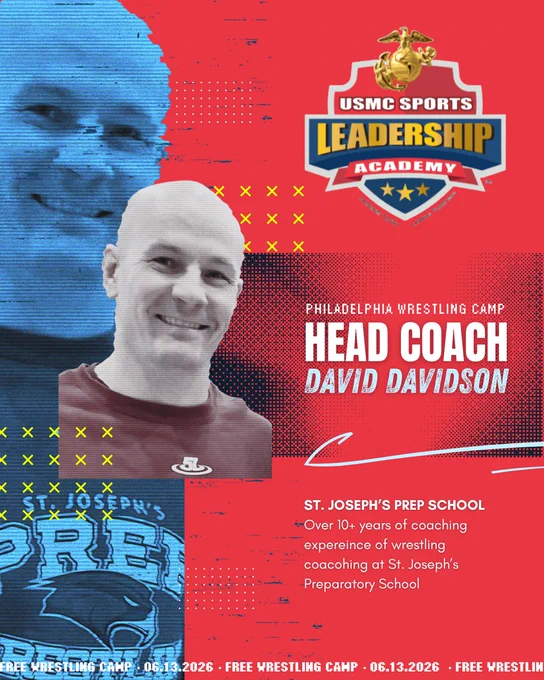 Promotional poster for the USMC Sports Leadership Academy featuring David Davidson as the head coach. The design includes bold text and a mix of red and blue colors, creating an energetic and motivational mood.