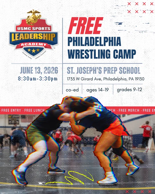 Promotional flyer for a free co-ed wrestling camp hosted by USMC Sports Leadership Academy. Includes date, location, and additional details.