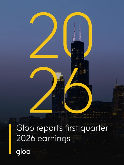 A graphic announcing Gloo's first quarter 2026 earnings report with a city skyline background and bold yellow text.