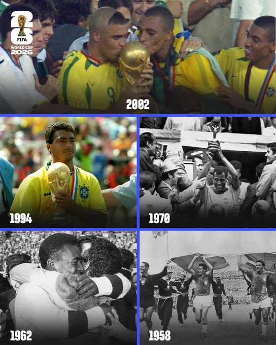 A splitscreen graphic of photos from Brazil's previous FIFA World Cup wins in 2002, 1994, 1970, 1962 and 1958.