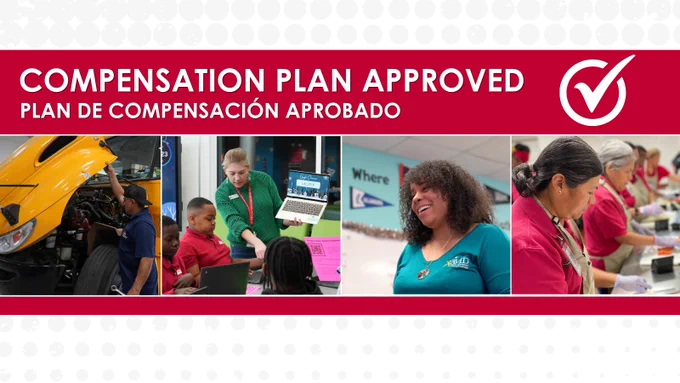 Compensation plan approved banner with images of diverse people in various work settings, including a construction worker and people in an office environment.