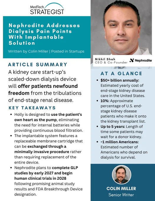 Dialysis has changed little in 60  years. Nephrodite's implantable dialysis system aims to provide continuous blood filtration while improving quality of life for patients with end-stage #kidney disease: https://bit.ly/43VziyV #MedTech 