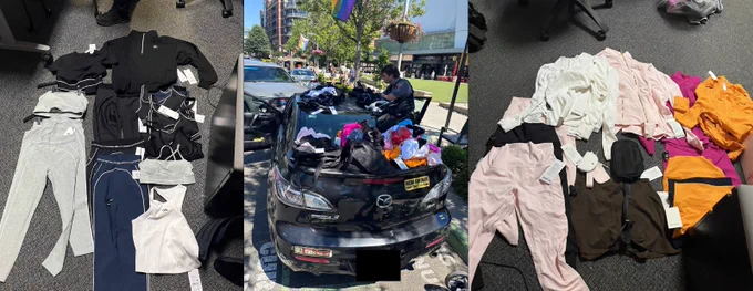 Various athletic clothing items including leggings, sports bras, and tops laid out on a floor and car hood.