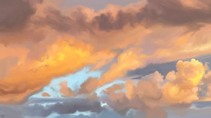 Digital painting of a sunset sky, rows of yellow and orange-tinted clouds mixing together, with dark grey clouds behind and below them. In the gaps between all these clouds, the pale blue sky can be seen.