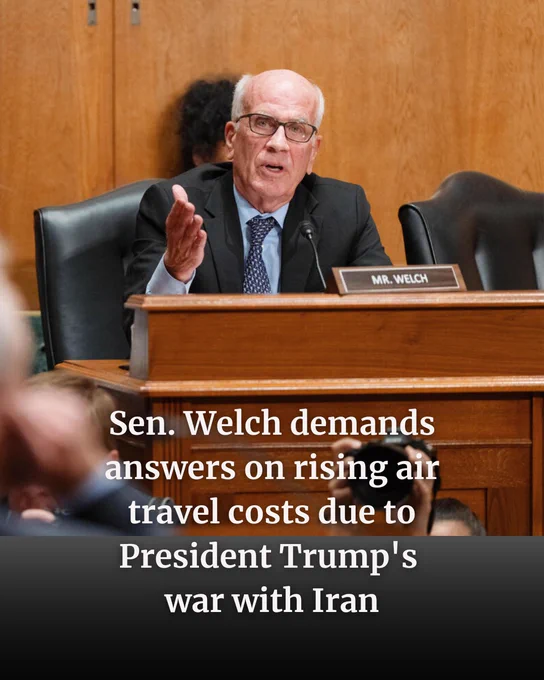 Graphic that says, "Sen. Welch demands answers on rising air travel costs due to President Trump's war with Iran."