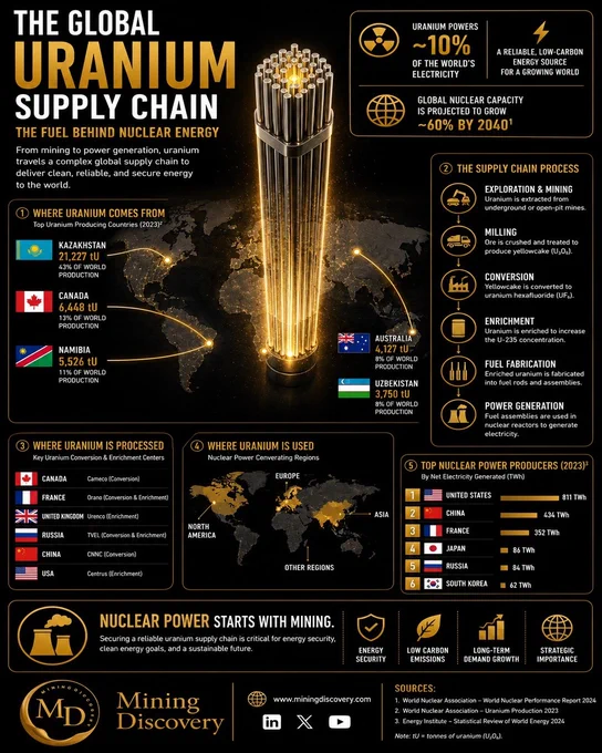 Infographic explaining the global uranium supply chain, from mining and enrichment to nuclear power generation. It highlights major uranium-producing countries, key processing centers, nuclear energy regions, and the role of uranium in providing low-carbon electricity worldwide. 