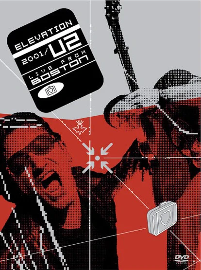 DVD Cover Art of U2's Elevation 2001 Live From Boston concert film - Because it's a DVD, it's a taller design more than square. On a gray background with bright red on the bottom half for the background, there's a black-and-white photo of Bono singing with his mouth open and glasses on to the left side and The Edge playing guitar on the right. There are arrows pointing to a circle near the center, and near it an icon of a dove flying down. In the bottom right is a DVD logo and the icon of a suitcase with a heart icon on the side. In the top left, a black label with rounded edges says 'Elevation 2001/U2 Live From Boston'.