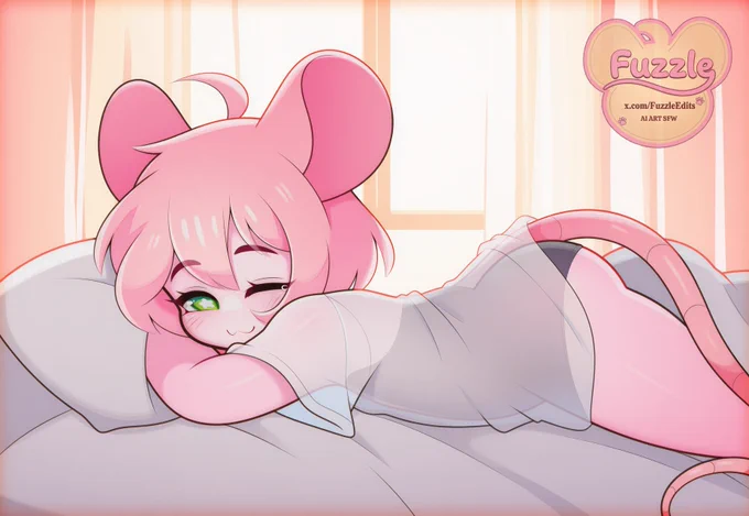 Digital anime-style illustration of a pink mouse-like character relaxing on a bed, winking playfully while wearing a light shirt and dark shorts. Warm sunlight filters through curtains in the background.