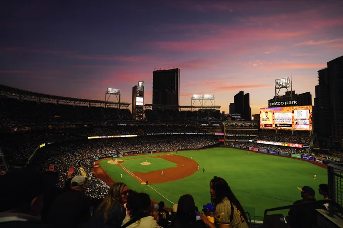 An overhead shot of Petco Park Monday night with the sun setting beyond the left field scoreboard.
Photo: Ryan Levy/Major League Baseball