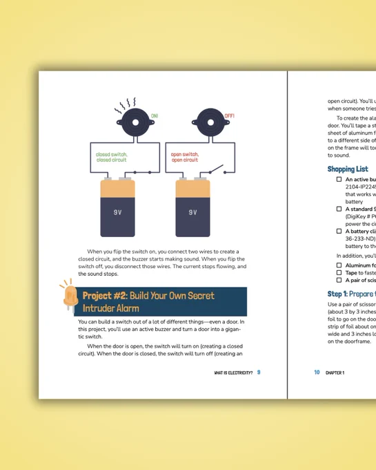 A two-page spread from Electronics for Kids, Second Edition opened to Project #2, "Build Your Own Secret Intruder Alarm." The left page shows a diagram of a buzzer wired to a 9-volt battery in closed-circuit ("ON") and open-circuit ("OFF") states, with text explaining how flipping a switch starts and stops the sound.