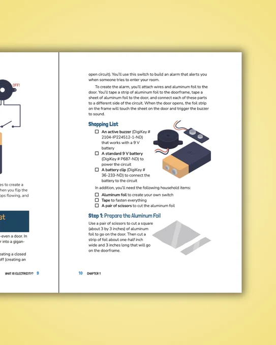 The right page of the Project #2 spread in Electronics for Kids, Second Edition, describing how to turn a door into a switch using aluminum foil and wires so a buzzer sounds when the door opens. A shopping list and the start of "Step 1: Prepare the foil" are visible.