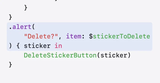 A screen shot of the new “alert(item:)” view modifier.