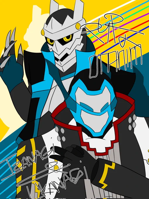 Izanagi from "Persona 4" and Ukanagi by Oranim standing together with their outfits swapped.