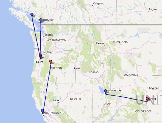 Here's a close-up of the Winlink Connection monitor map.  The blue marks are the stations sending / receiving messages.  The red marks are the RMS (Radio Mail Servers) 