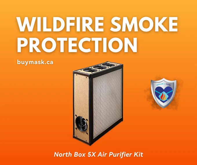 "Wildfire Smoke Protection
buymask.ca
North Box 5X Air Purifier Kit"

Photo of a North Box 5X Air Purifier Kit (hardboard) on an orange gradient background.