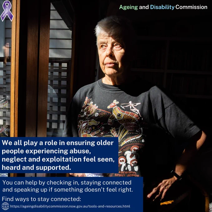 An older person stands indoors by a window, partly lit by sunlight, looking thoughtfully to the side. Text on the image states that everyone has a role in ensuring older people experiencing abuse feel seen, heard and supported. 