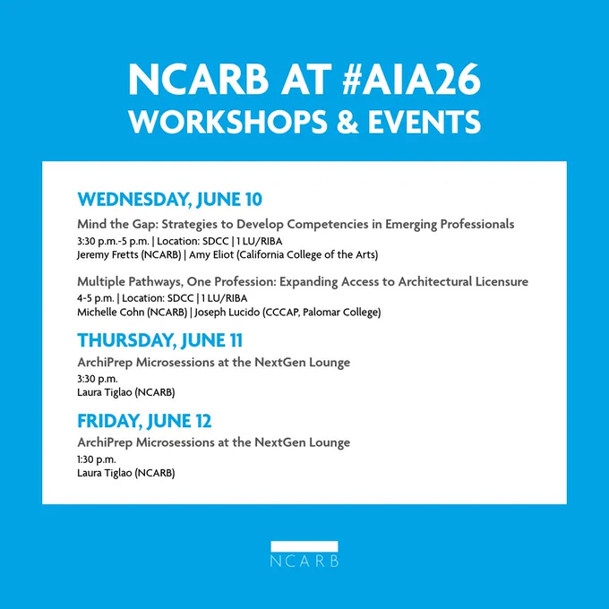Join us at a session: 
1. Mind the Gap: Strategies to Develop Competencies in Emerging Professionals | Wed. (6/10) at 3:30-5 p.m. PT
2. Multiple Pathways, One Profession: Expanding Access to Architectural Licensure | Wed. (6/10) at 4-5 p.m. PT
3. ArchiPrep Microsessions at the NextGen Lounge | Thurs. (6/11) at 3:30 p.m. PT and Fri. (6/12) at 1:30 p.m. PT