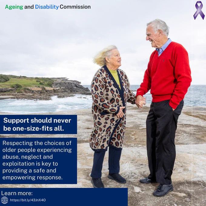 Two older adults stand on a rocky coastal lookout holding hands, with ocean waves behind them. Overlaid text from Ageing and Disability Commission reads: “Support should never be one-size-fits all… Learn more: https://bit.ly/43JnX4O,” with a purple awareness ribbon. 