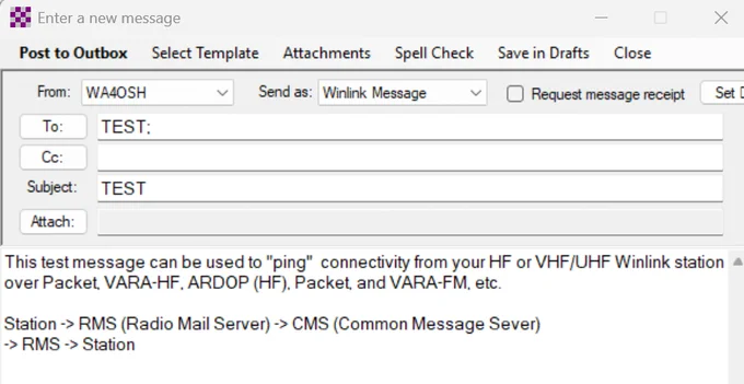 Sample Winlink test message to TEST to "ping" the CMS.  The subject and message contents can be anything.