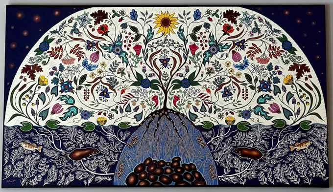 A Christi Belcourt painting of a tree, its roots and flowers surrounding it. 