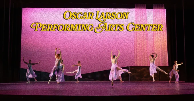 Dancers perform on stage, set against a pink and purple backdrop, wearing flowing costumes. Stylized text reading "Oscar Larson Performing Arts Center" is displayed at the top.