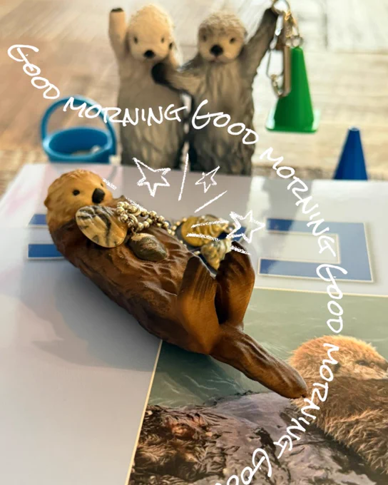 朝ご飯中の霧多布ラッコ🦦を見守るちびメイキラ🦦🦦