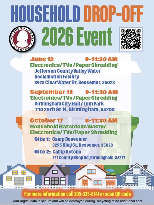 Jefferson County's 2026 household drop-off event schedule for electronics, TVs, paper shredding, and hazardous waste with dates, times, and locations.