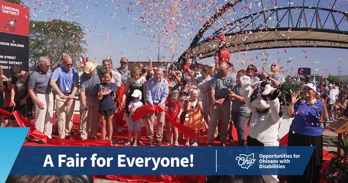 Governor Mike DeWine, First Lady Fran DeWine, OOD staff, and others at the Ohio State Fair. Text, "A Fair for Everyone!" OOD logo.