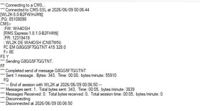A sample message sent via Winlink