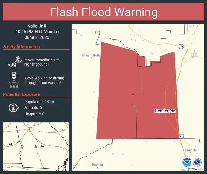 This graphic displays a flash flood warning plotted on a map. The warning is in effect until 10:15 PM EDT. The warning includes Henderson GA.  This warning is for Southwestern Houston County in central Georgia and Northeastern Macon County in west central Georgia. Avoid walking or driving through flood waters! Move immediately to higher ground! There are 2,966 people in the warning along with 0 schools and 0 hospitals.