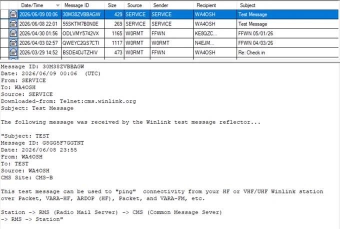 The return message back from TEST, the Winlink loop-around