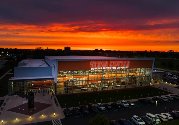 Orange sunset over the Stroh Center 