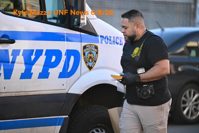 An NYPD officer carries evidence bags after collecting evidence including a shell casing at the scene where a 41-year-old man was fatally shot aboard an MTA Bx36 bus in the area of White Plains Road and East Tremont Avenue, Bronx, New York, USA, June 8, 2026. Monday afternoon at approximately 2:33 PM the fatal shooting transpired aboard the MTA bus. There are no arrests and the investigation is ongoing. The identity of the deceased is being withheld pending proper family notification.