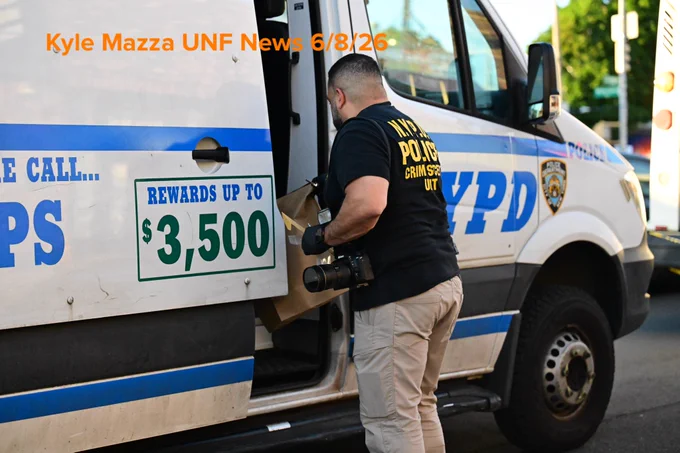 An NYPD officer carries evidence bags after collecting evidence including a shell casing at the scene where a 41-year-old man was fatally shot aboard an MTA Bx36 bus in the area of White Plains Road and East Tremont Avenue, Bronx, New York, USA, June 8, 2026. Monday afternoon at approximately 2:33 PM the fatal shooting transpired aboard the MTA bus. There are no arrests and the investigation is ongoing. The identity of the deceased is being withheld pending proper family notification.