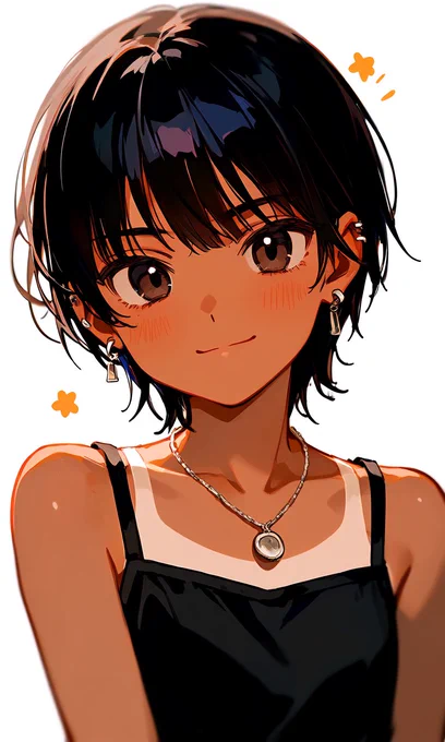 young, 17yo, pretty and cute, simple, (black hair, very short, wolf cut hair), (tsurime:1.1), (outfits:sleeveless, camisole, girly coordinates, piercing earrings, necklace pendant), (glossy tanned skin:1.2), satisfied, cheerful