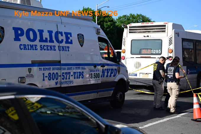Members of the NYPD Crime Scene Unit investigate and work the scene where a 41-year-old man was fatally shot aboard an MTA Bx36 bus in the area of White Plains Road and East Tremont Avenue, Bronx, New York, USA, June 8, 2026. Monday afternoon at approximately 2:33 PM the fatal shooting transpired aboard the MTA bus. There are no arrests and the investigation is ongoing. The identity of the deceased is being withheld pending proper family notification.