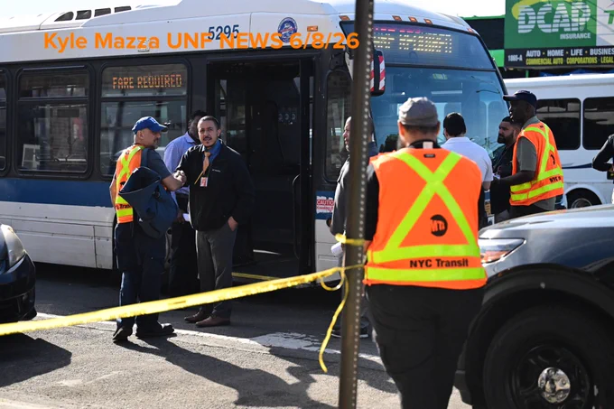 Members of NYC Transit work the scene where a 41-year-old man was fatally shot aboard an MTA Bx36 bus in the area of White Plains Road and East Tremont Avenue, Bronx, New York, USA, June 8, 2026. Monday afternoon at approximately 2:33 PM the fatal shooting transpired aboard the MTA bus. There are no arrests and the investigation is ongoing. The identity of the deceased is being withheld pending proper family notification.