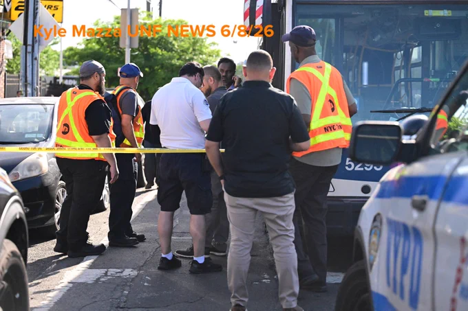 Members of NYC Transit work the scene where a 41-year-old man was fatally shot aboard an MTA Bx36 bus in the area of White Plains Road and East Tremont Avenue, Bronx, New York, USA, June 8, 2026. Monday afternoon at approximately 2:33 PM the fatal shooting transpired aboard the MTA bus. There are no arrests and the investigation is ongoing. The identity of the deceased is being withheld pending proper family notification.
