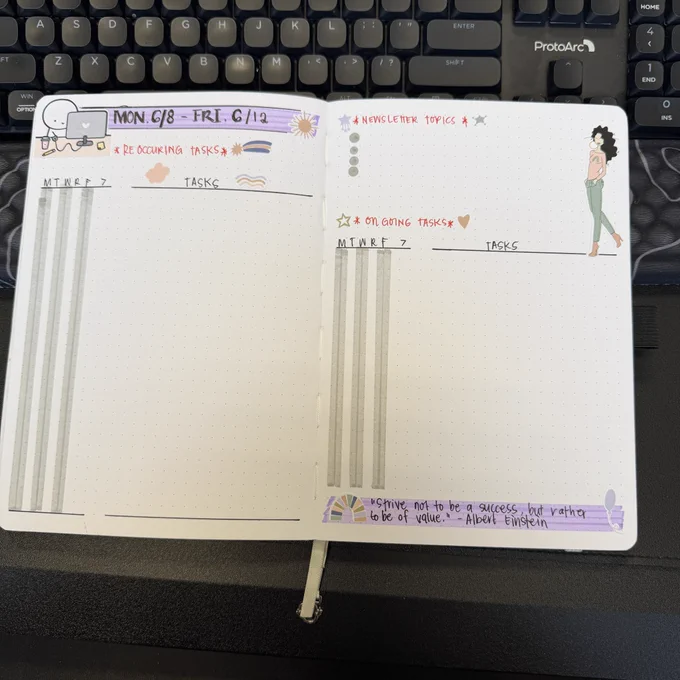 An open bullet journal lies flat on a desk below a black computer keyboard. The left page is titled "MON. 6/8 - FRI. 6/12" highlighted in purple, with a section below labeled "REOCCURING TASKS" featuring a table with columns for days of the week (M, T, W, R, F) shaded in gray and a large blank area for tasks. The right page includes a section for "NEWSLETTER TOPICS" with four gray bullet points, and a section for "ON GOING TASKS" which mirrors the days-of-the-week table from the left page. The pages are decorated with various stickers, including a cartoon figure at a computer, a woman blowing a bubble, rainbows, and suns. At the bottom right is a purple highlighted quote by Albert Einstein: "Strive not to be a success, but rather to be of value."