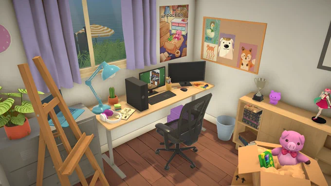 A room in Paralives built to look like the office in the final level of Unpacking. There is an Unpacking poster on the wall, Unpacking playing on the computer, and Piggy in a cardboard box